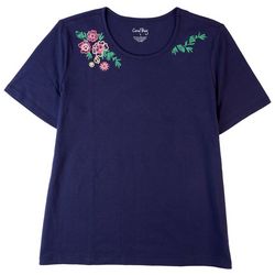 Coral Bay Petite Solid Floral Embroidered Short Sleeve Top