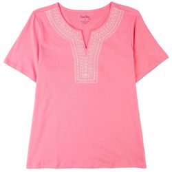 Coral Bay Petite Embroidered Split Neck Short Sleeve Top
