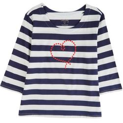 Coral Bay Petite Embroidered Heart Striped 3/4 Sleeve Top