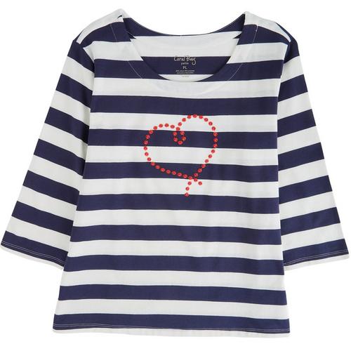 Coral Bay Petite Embroidered Heart Striped 3/4 Sleeve