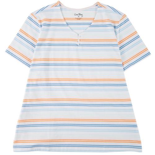 Coral Bay Petite Striped Wide Henley Short Sleeve