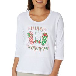 Petite Merry Flip Flop Christmas Embroidered 3/4 Sleeve Top