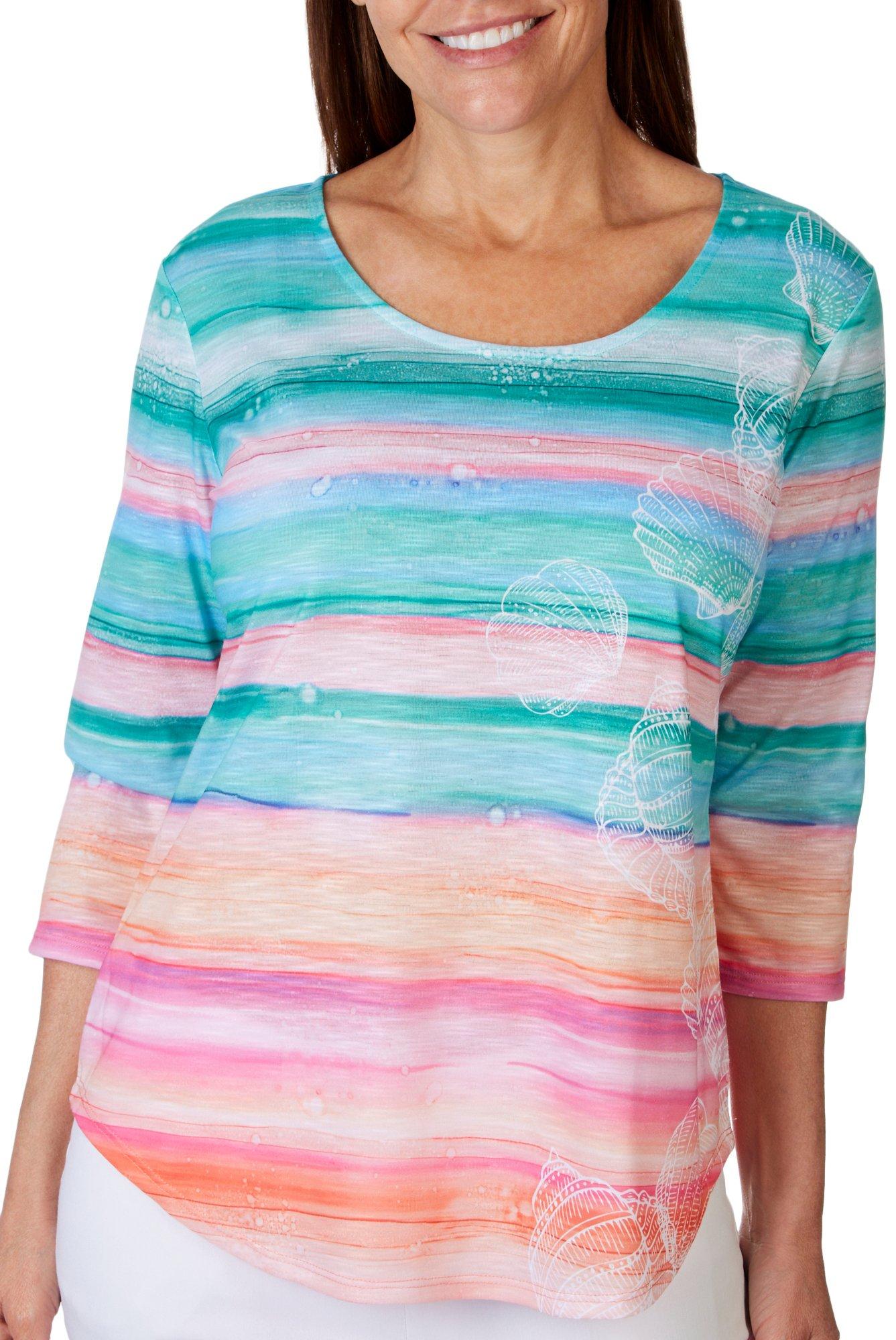 Petite Sea Shell Sunset Scoop Neck 3/4 Sleeve Top