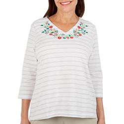 Petite Embroidered Christmas Garland V Neck 3/4 Sleeve Top
