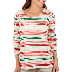 Coral Bay Petite Holiday Stripe Embellished 3/4 Sleeve Top