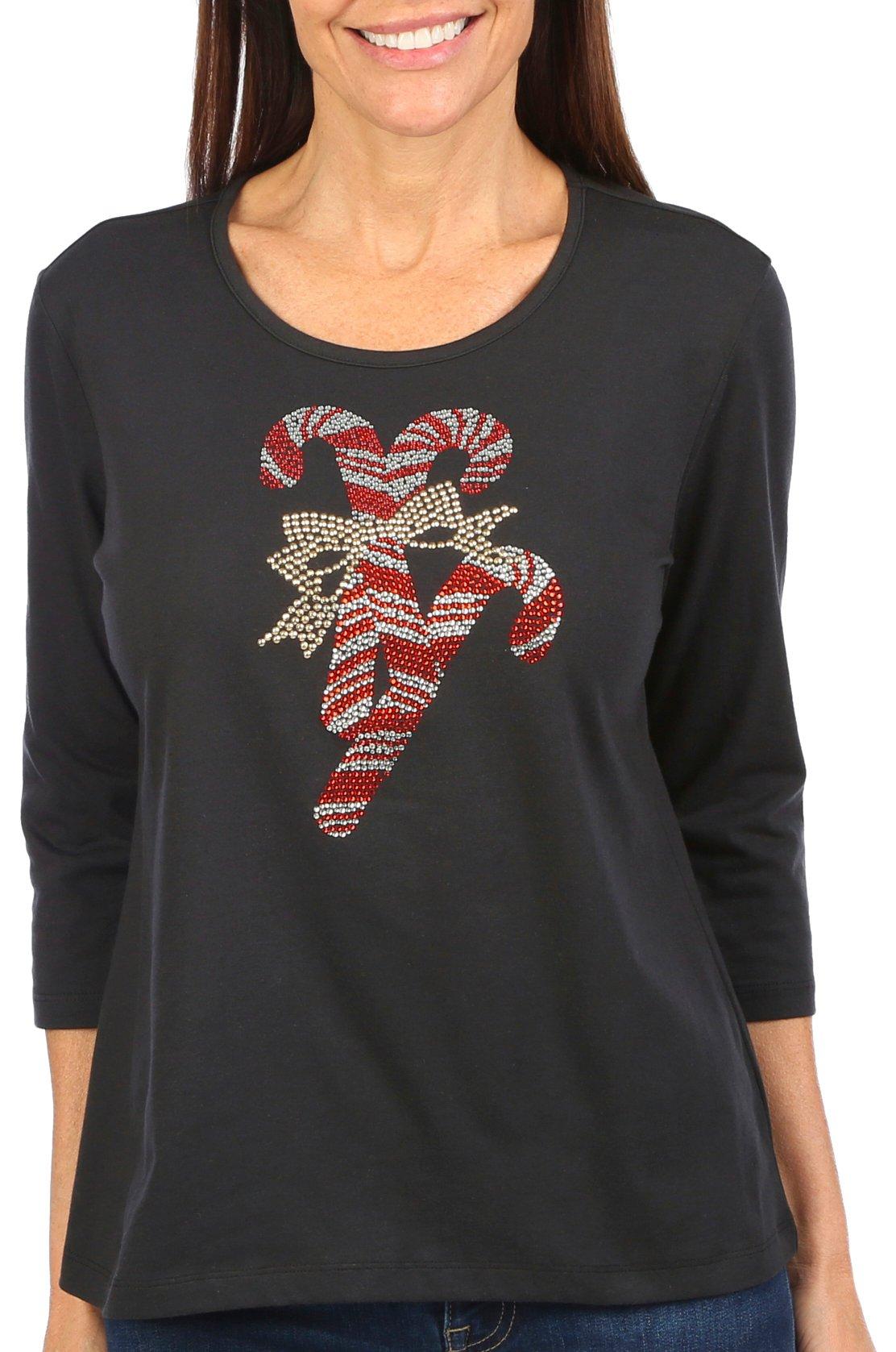Coral Bay Petite 3/4 Sleeve Christmas Candy Canes Top
