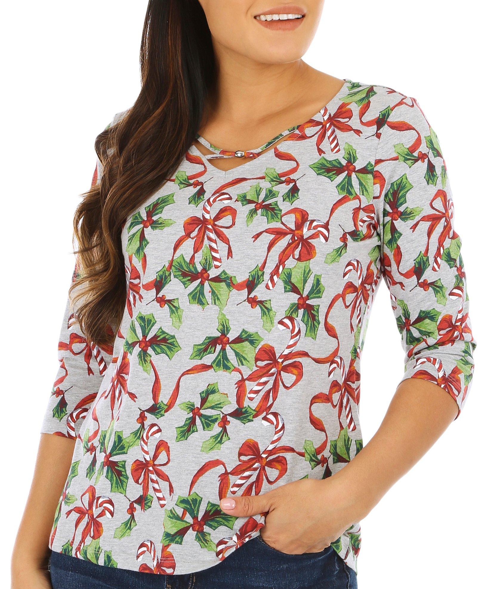 Coral Bay Petite 3/4 Sleeve Candycanes & Holly Top