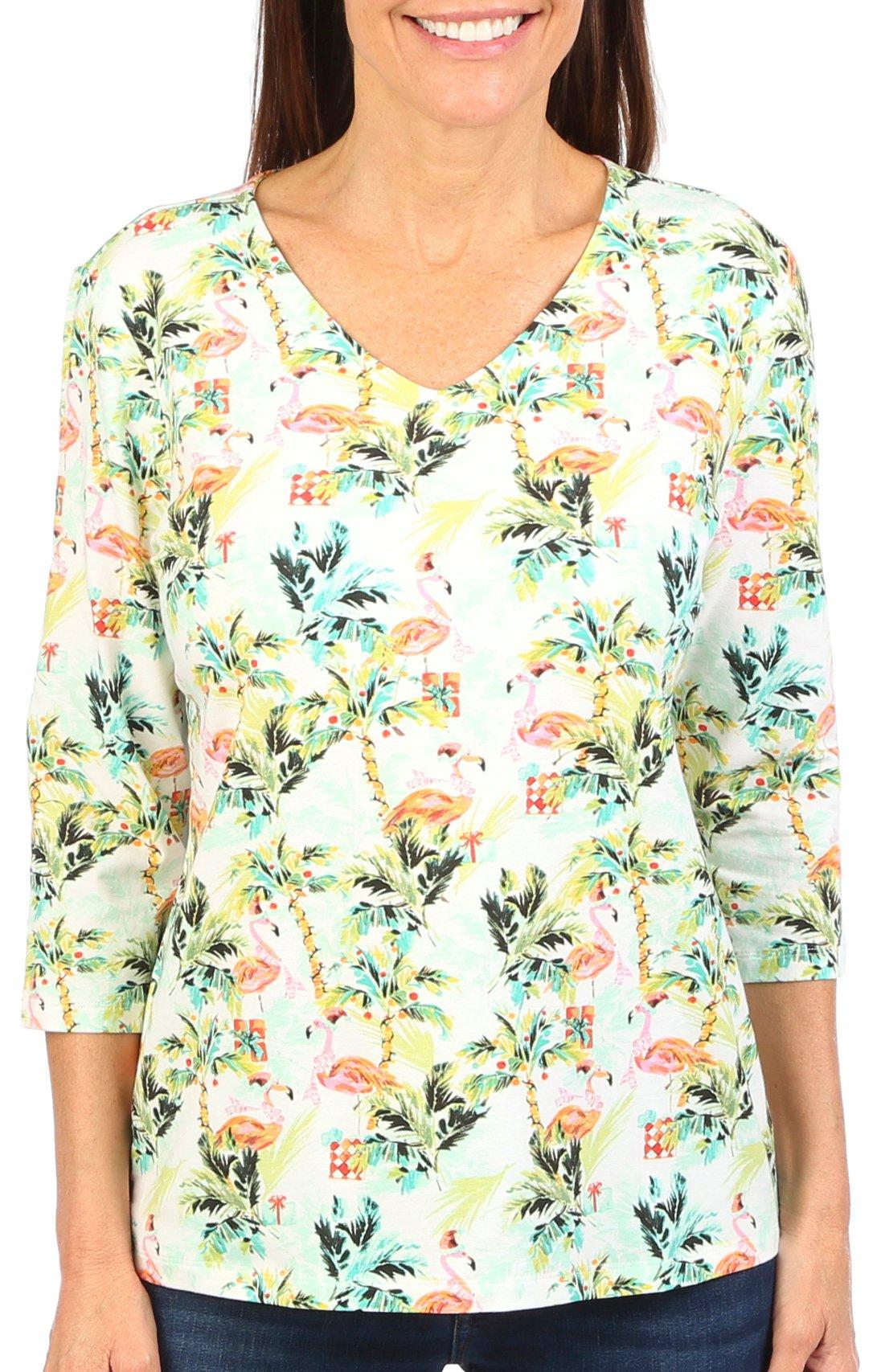 Coral Bay Petite 3/4 Sleeve Flamingo and Palms Holiday Top