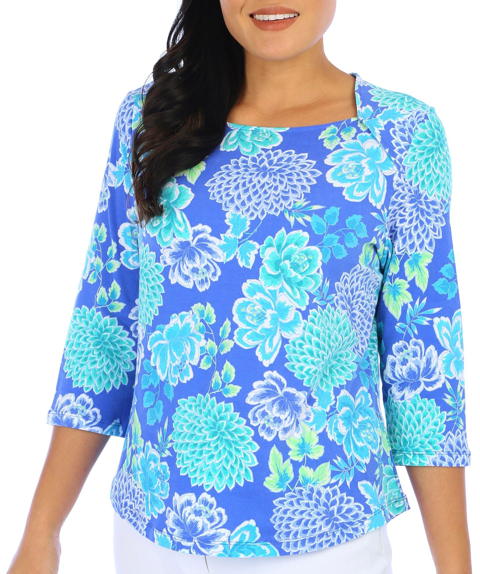 Ruby Road Petite Floral Square Neck 3/4 Sleeve Top