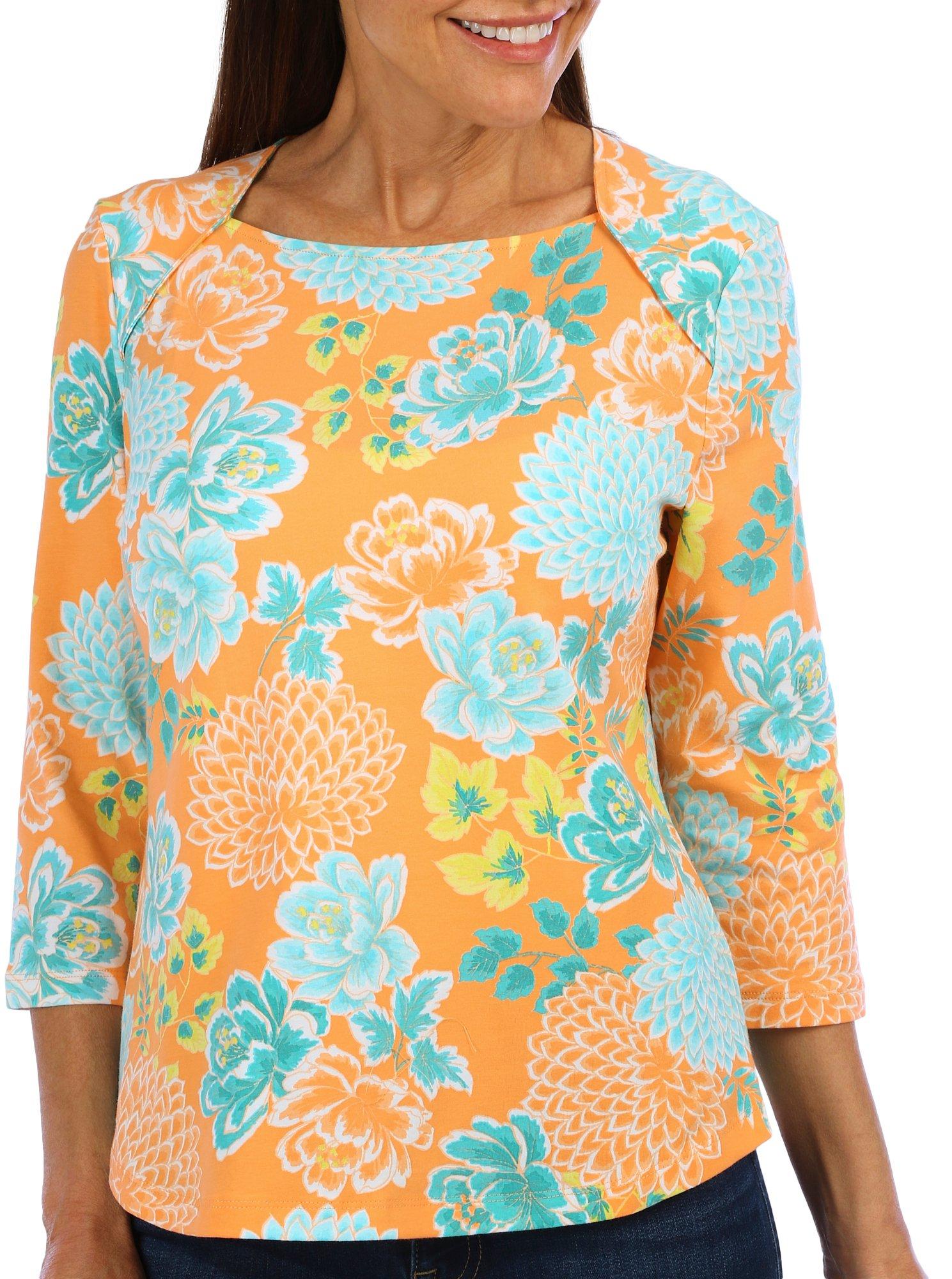 Ruby Road Petite Floral Square Neck 3/4 Sleeve Top