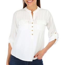 Petite Solid Pleated Henley Top