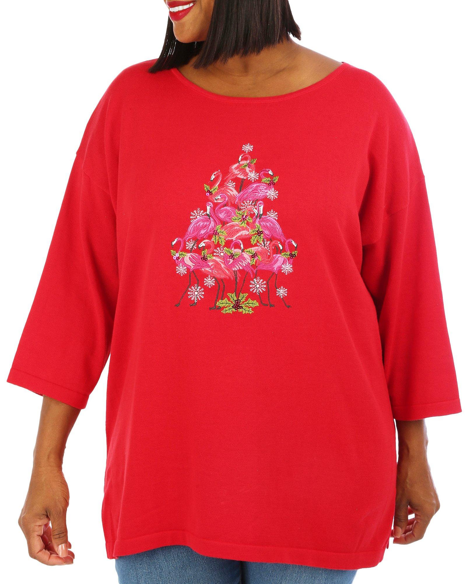 Plus Christmas Flamingo Tree 3/4 Sleeve Sweater
