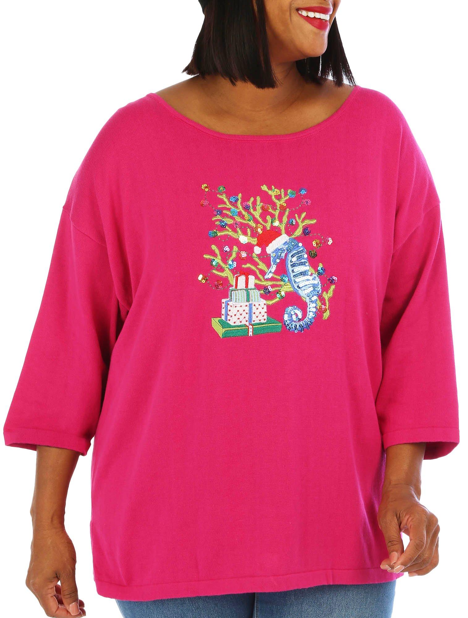 Plus Holiday Seahorse 3/4 Sleeve Sweater