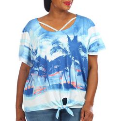 Onque Plus Palm Print Embellished Tie Front Short Sleeve Top