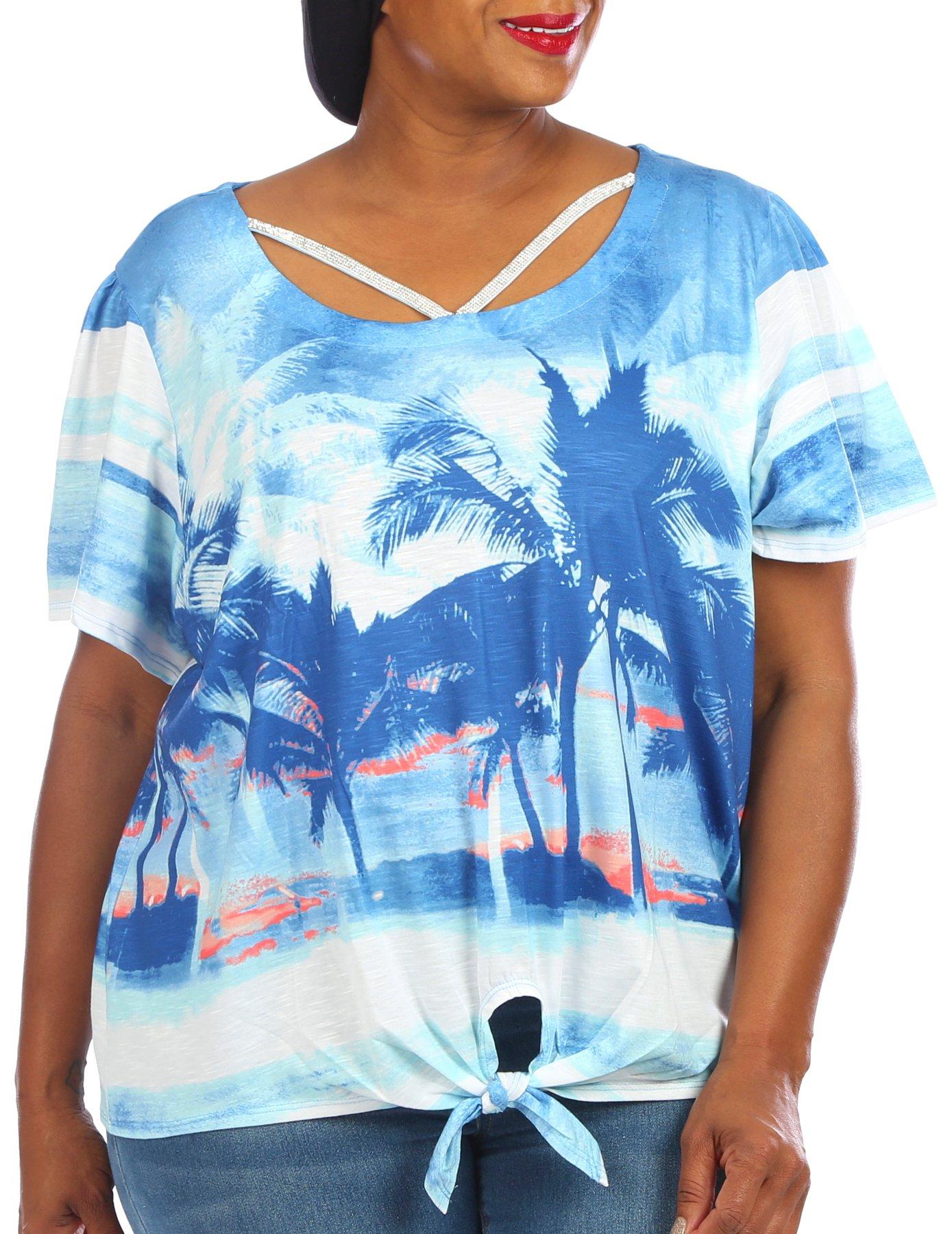 Plus Palm Print Embellished Tie Front Short Sleeve Top