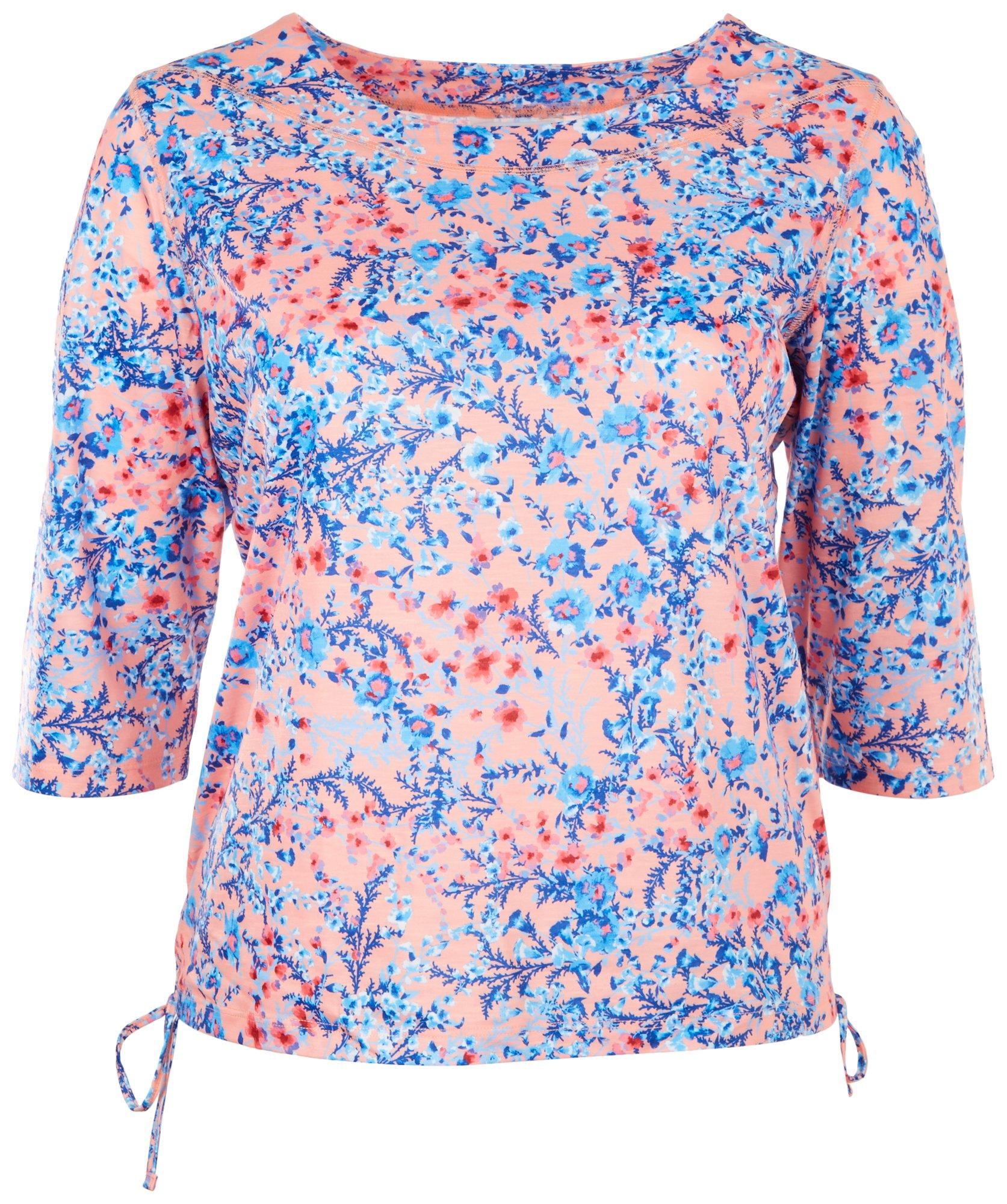 Plus Floral Side Ruched 3/4 Sleeve Top