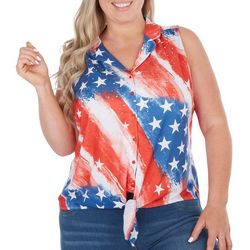 Plus Patriotic Embellished Button Down Sleeveless Top