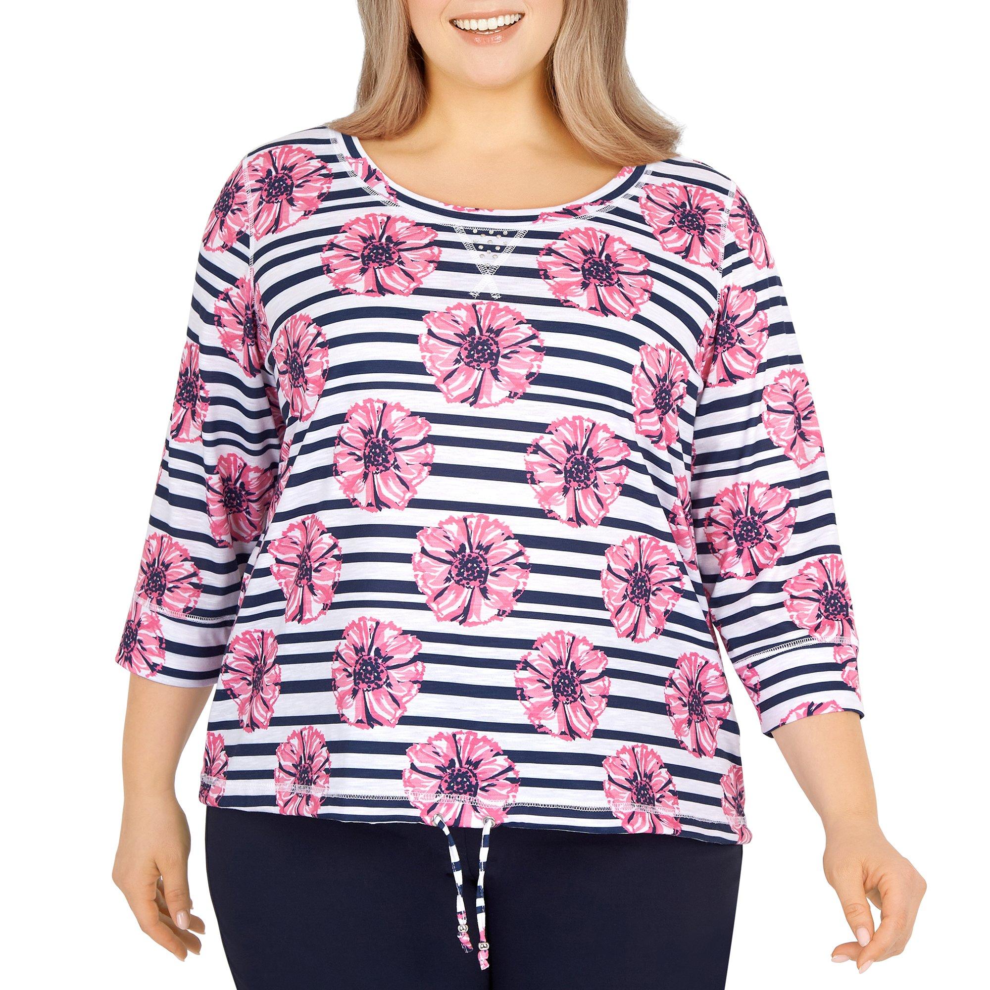 Plus Floral Stripe Tie Front 3/4 Sleeve Top
