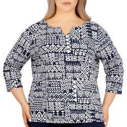 Hearts of Palm Plus Print Notch Neck 3/4 Sleeve Top