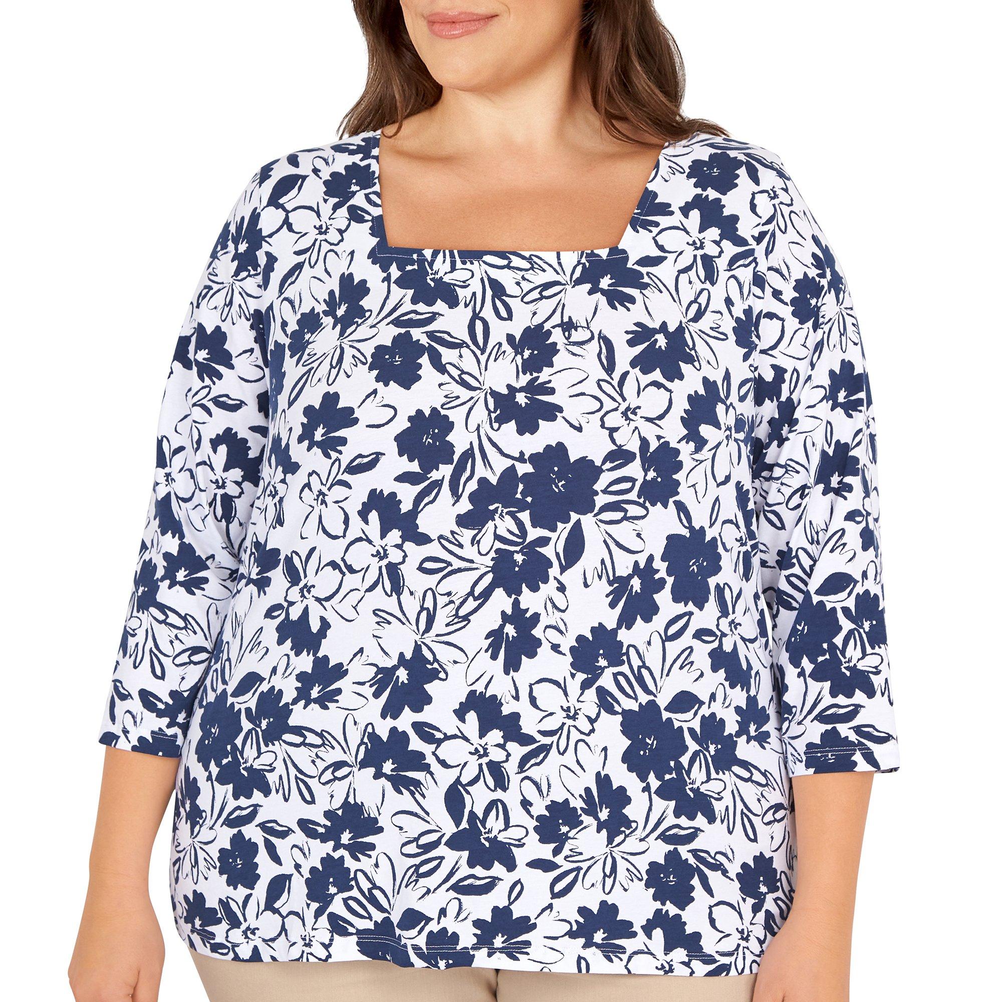 Hearts of Palm Plus Floral Square Neck 3/4 Sleeve Top