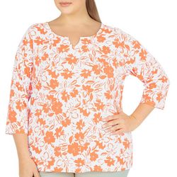 Hearts of Palm Plus Floral Print Notch Neck 3/4 Sleeve Top