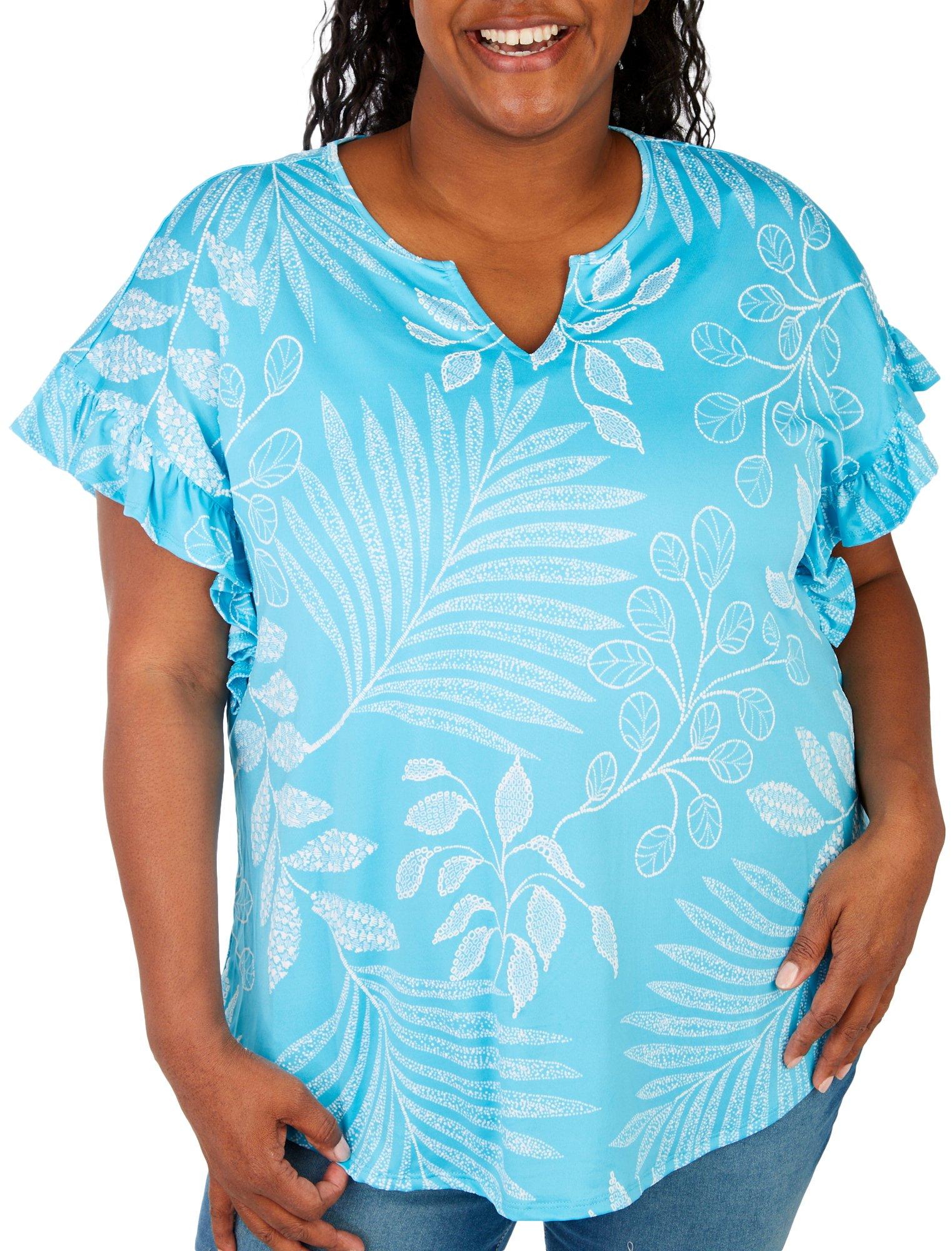Ruby Road Plus Print Split Neck Flutter Short Sleeve Top