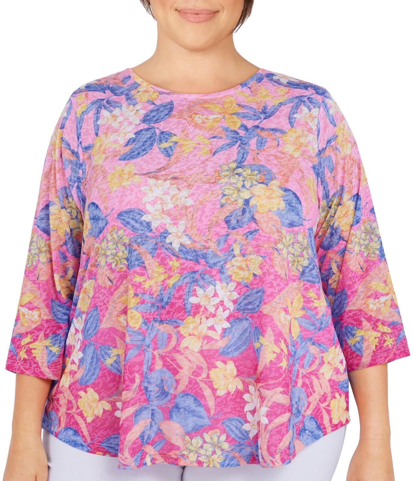 Ruby Road Plus Floral Print 3/4 Sleeve Top