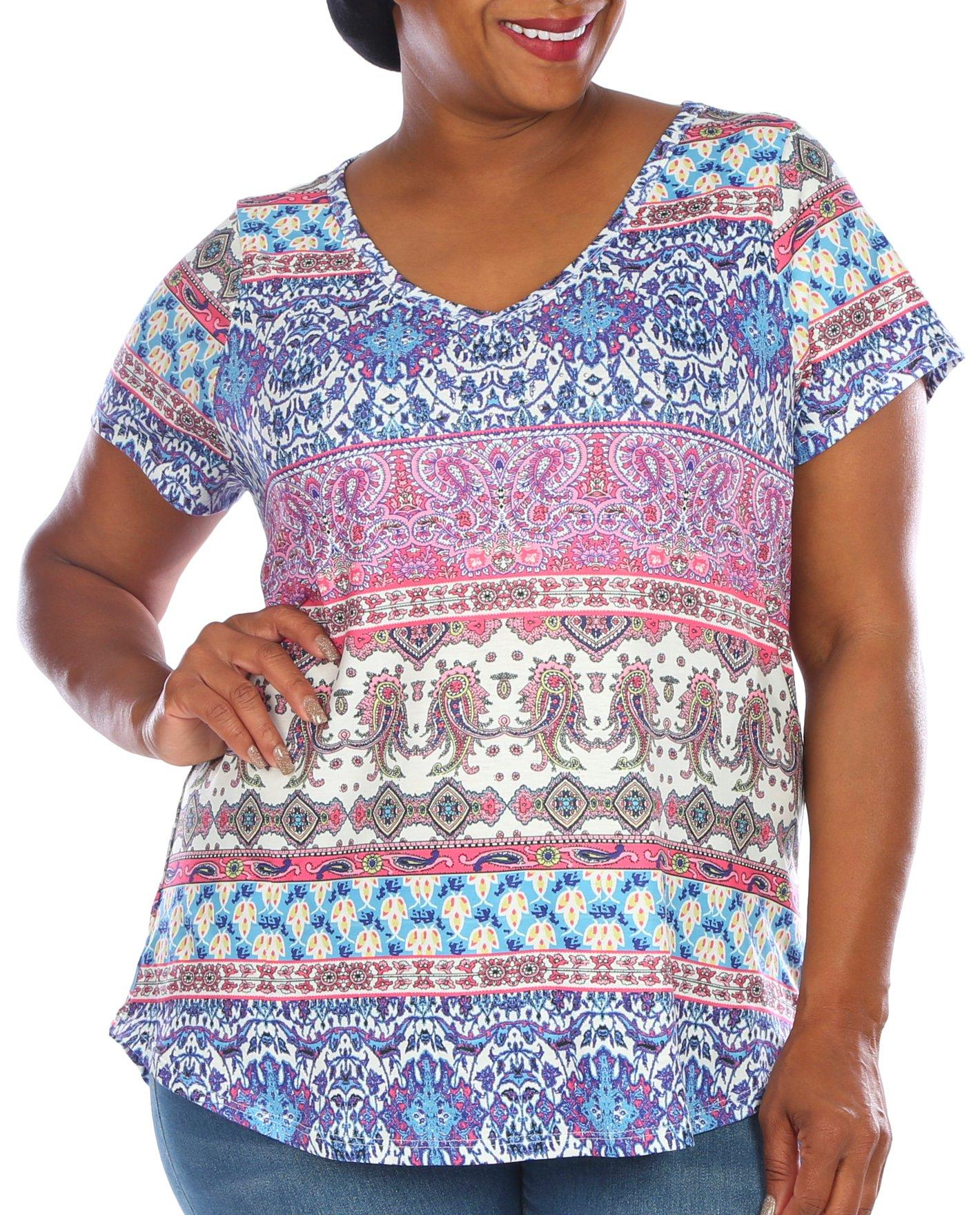 Plus Embellished Mixed Print Short Sleeve Top