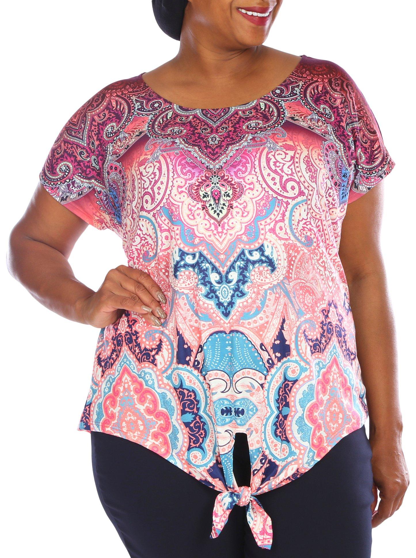OneWorld Plus Abstract Print Tie Front Short Sleeve Top