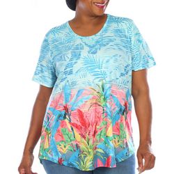 Coral Bay Plus Foliage Print Embellished Short Sleeve Top