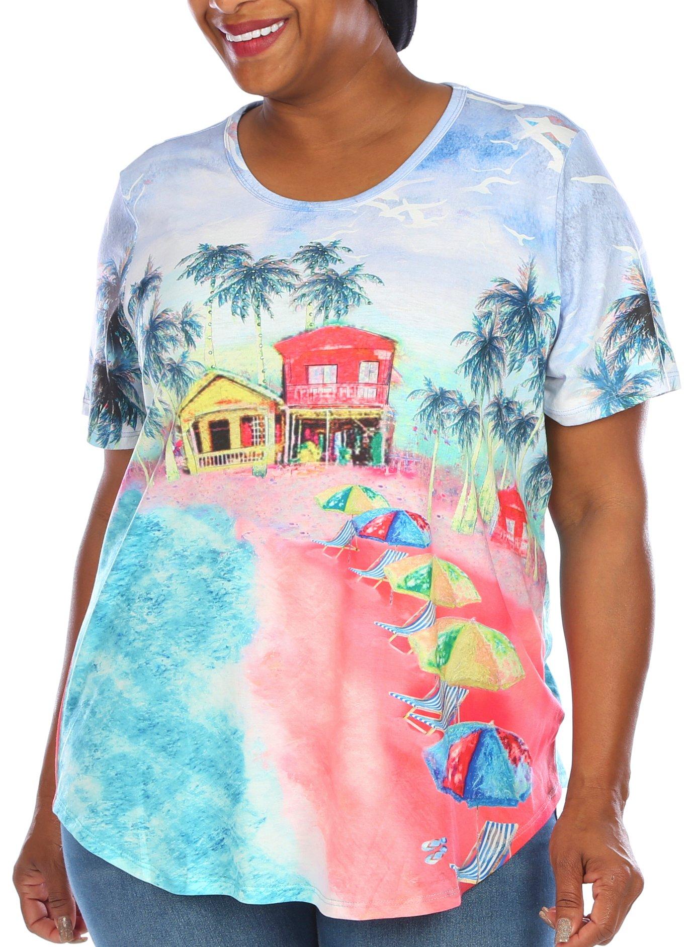Coral Bay Plus Seaside Print Embellished Short Sleeve Top