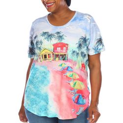 Coral Bay Plus Seaside Print Embellished Short Sleeve Top