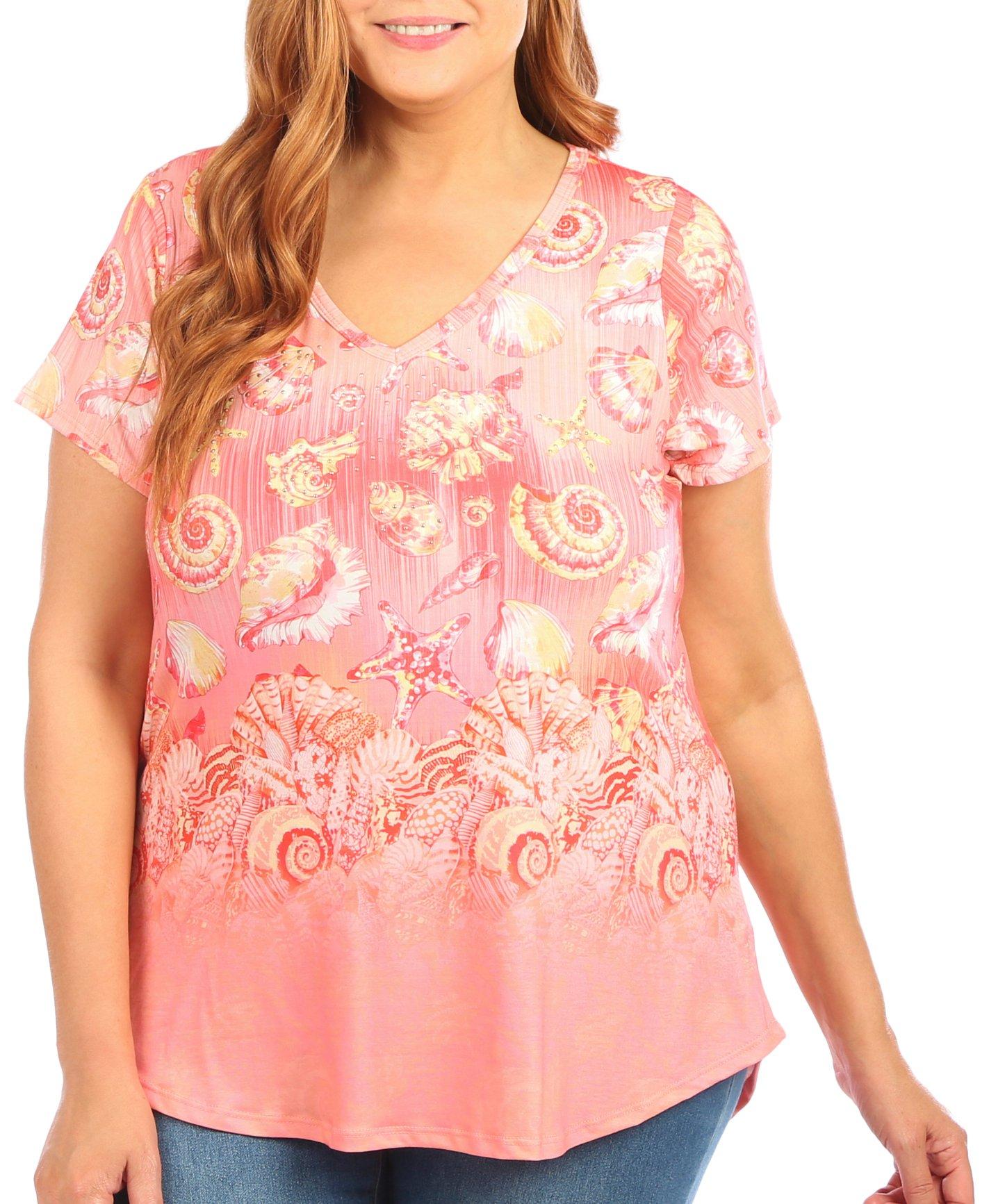 Coral Bay Plus Short Sleeve Shell Print Embellished Top