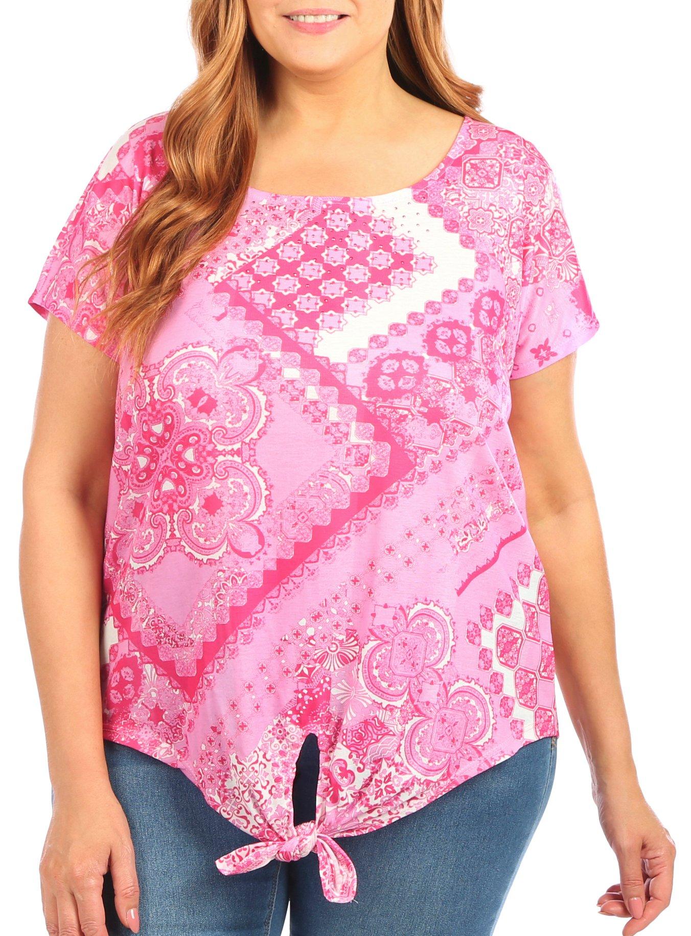 OneWorld Plus Mixed Print Tie Front Short Sleeve Top