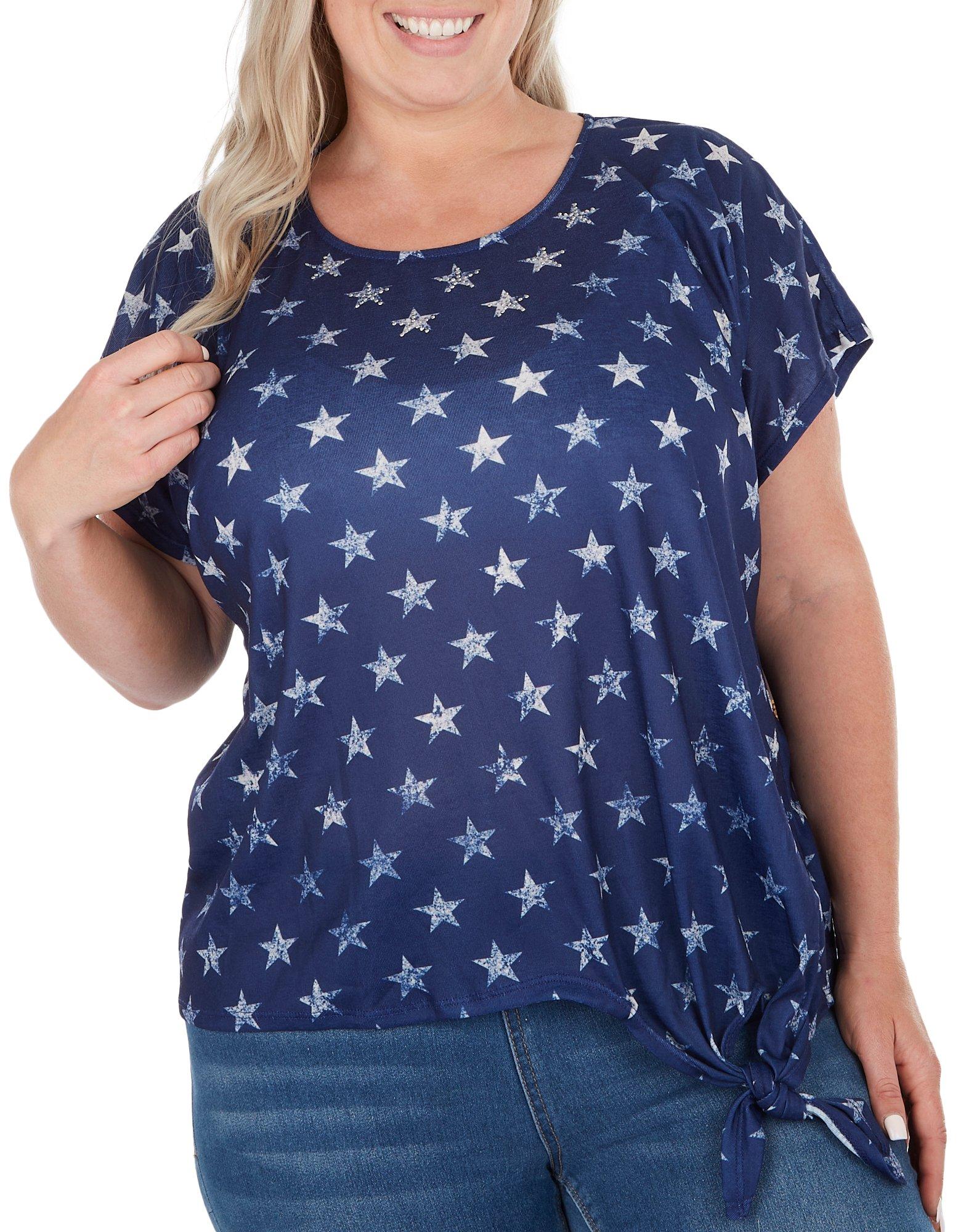 Plus Side Tie Embellished Stars Short Sleeve Top