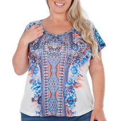 Plus Mixed Print Embellished Short Sleeve Top