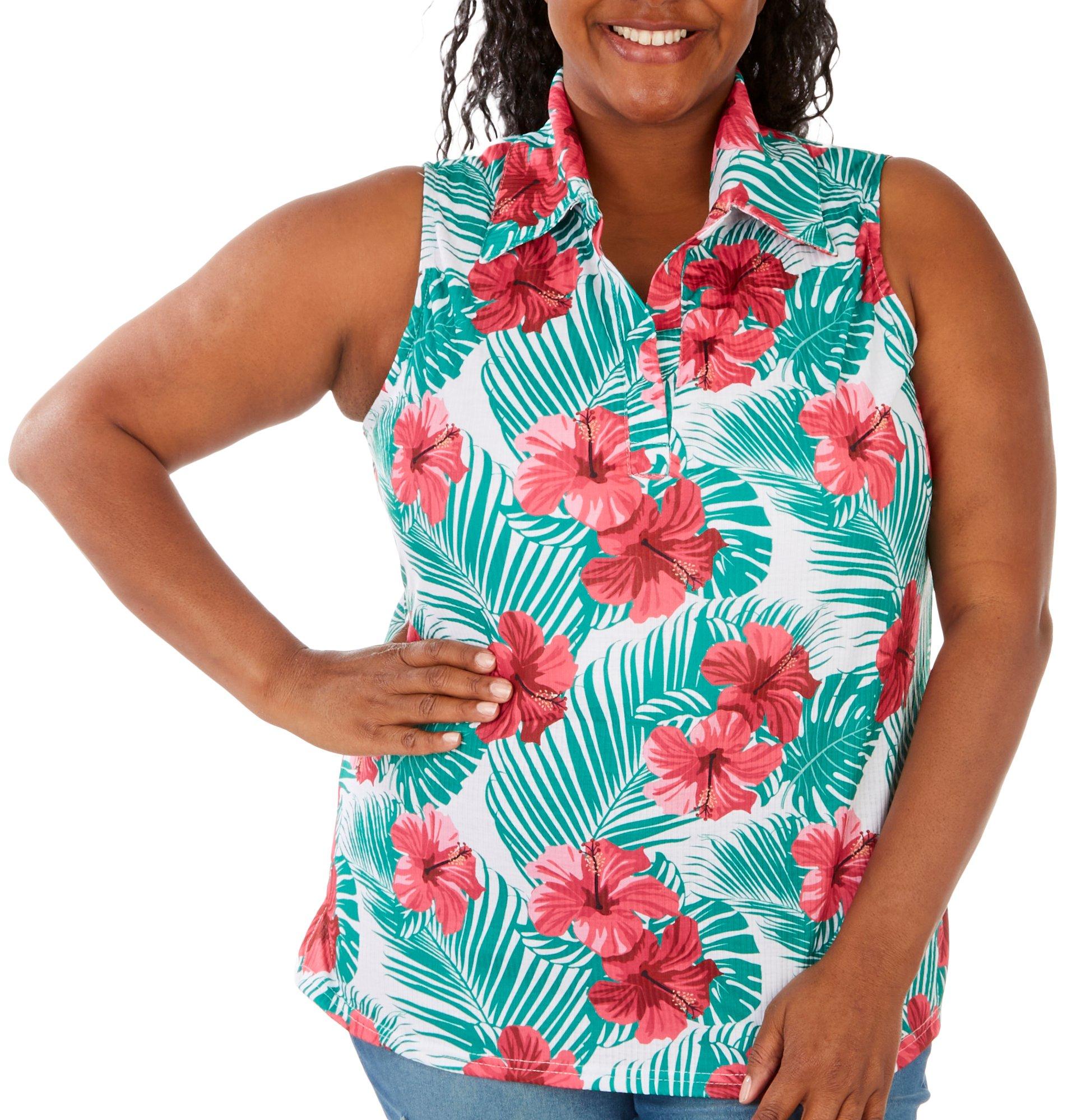 Plus Floral Ribbed Collar Sleeveless Top