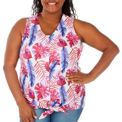 Plus Palms & Feathers Button Down Sleeveless Top