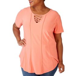 Plus Solid Seamed Criss Cross Short Sleeve Top