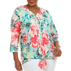Coral Bay Plus Floral Button Tie Front 3/4  Sleeve Top
