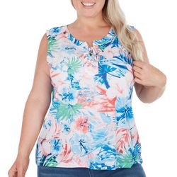 Plus Tropical Print Lace-Up Placket Sleeveless Top