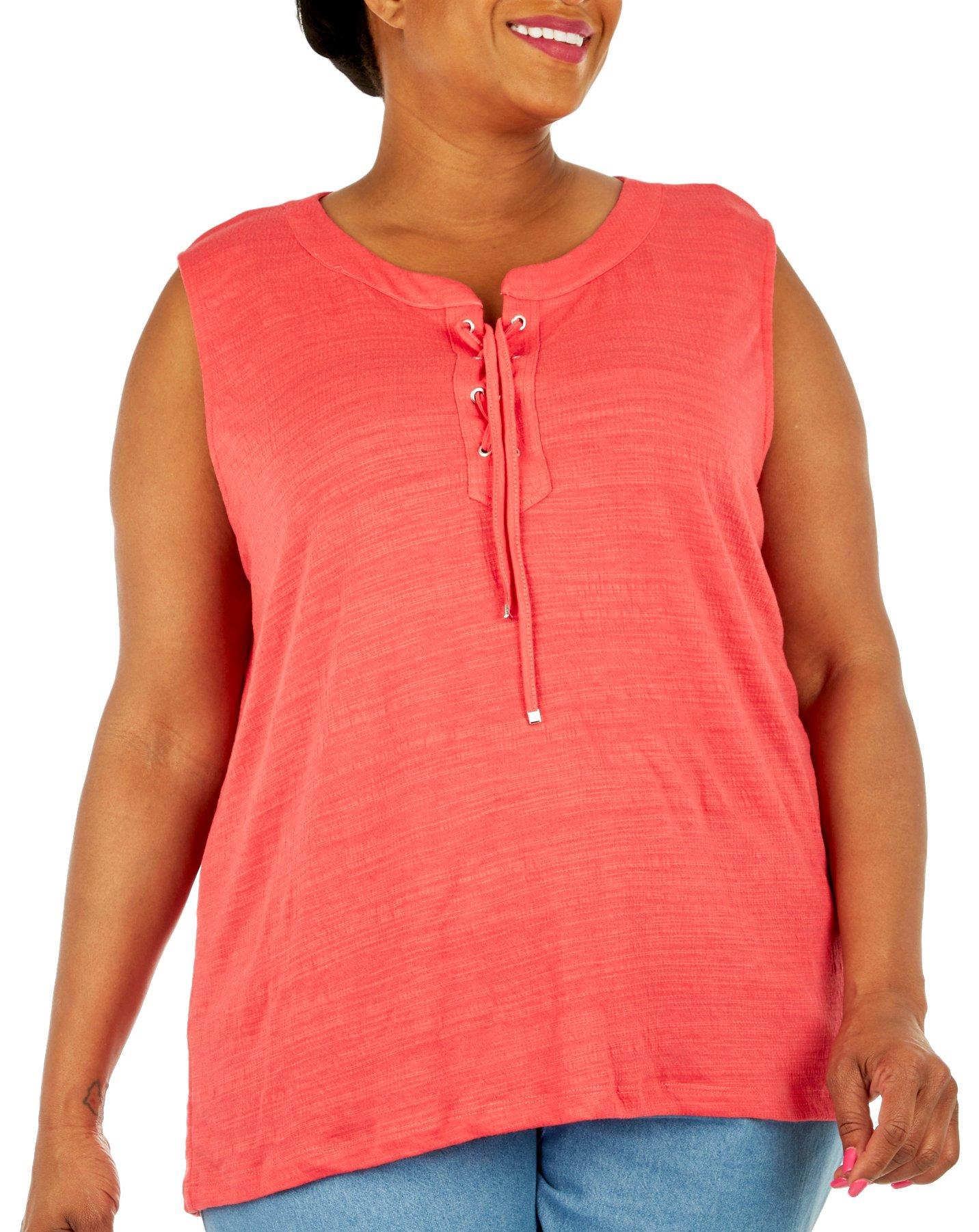 Plus Solid Lace-Up Placket Sleeveless Top