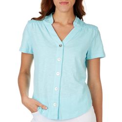 Coral Bay Plus Solid Y-Neck Button Front Short Sleeve Top