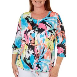 Onque Casual Plus Print Tie Front 3/4 Sleeve Top