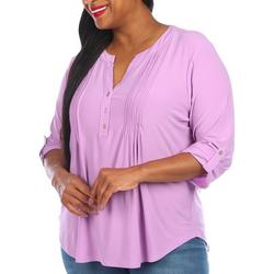 Plus Solid Henley Pleated 3/4 Sleeve Top