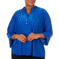 Notations Plus Pleated Embroidered 3/4 Sleeve Top