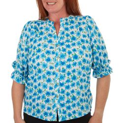 NY Collection Plus Floral Ruffle Hem Button Down Blouse