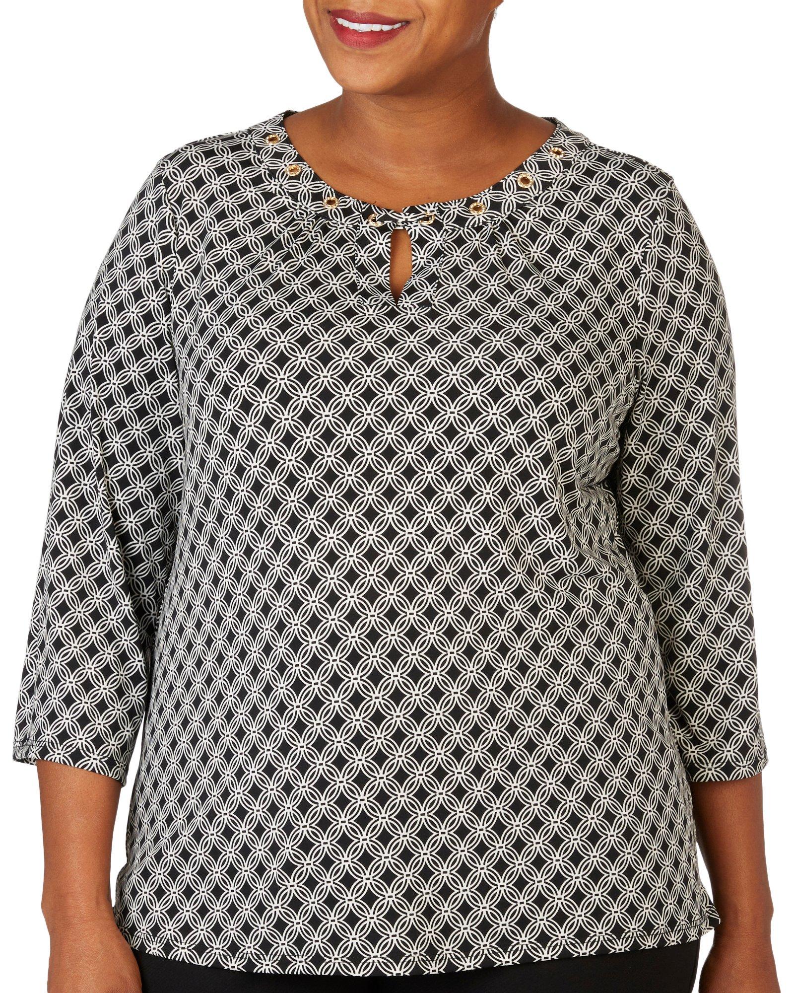 Plus Crystal Ring Grommet Round Neck 3/4 Sleeve Top