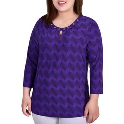 Notations Plus Crystal Grommet Round Neck 3/4 Sleeve Top