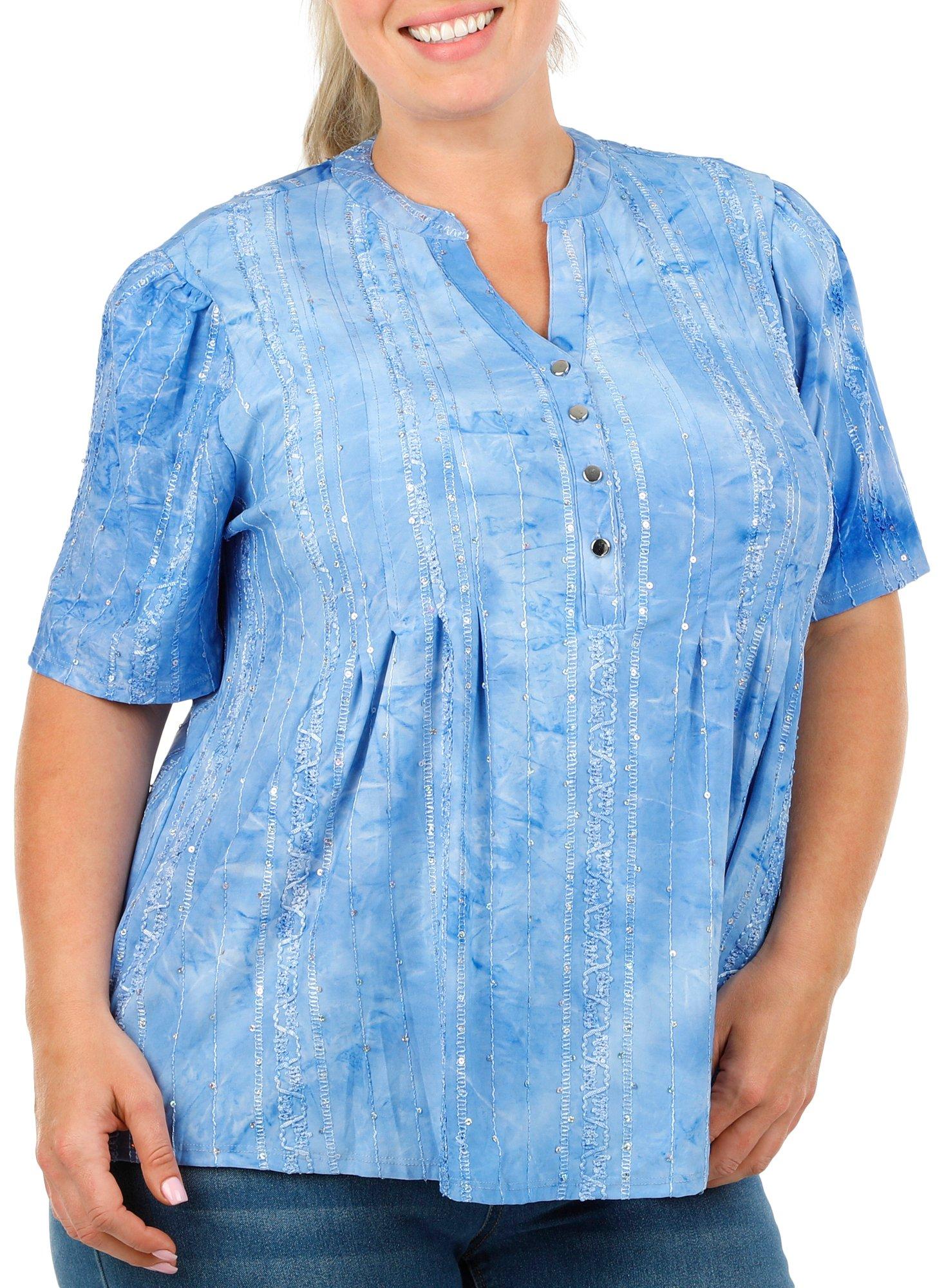 Plus Tie-Dye Embellished Pleated Button Short Sleeve Top